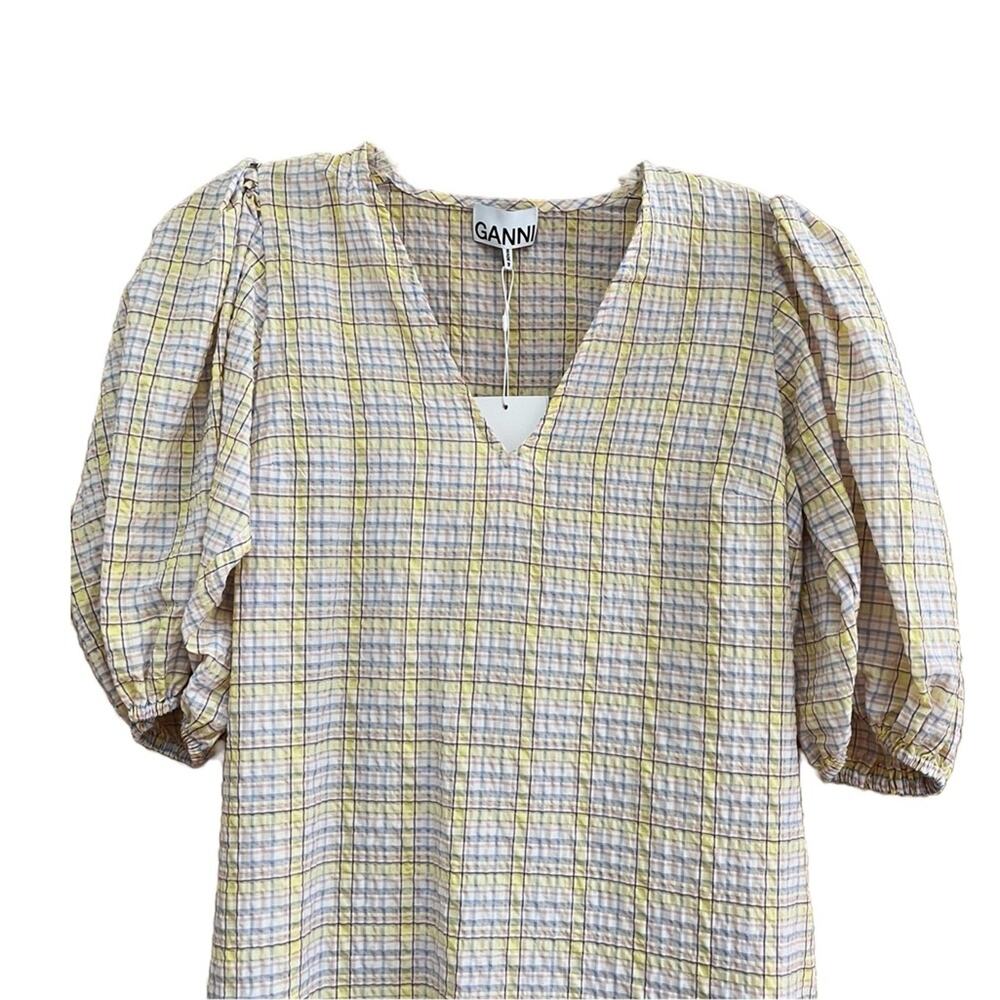 GANNI Seersucker Check Print Puff Sleeve Midi Dress - Picture 11 of 14